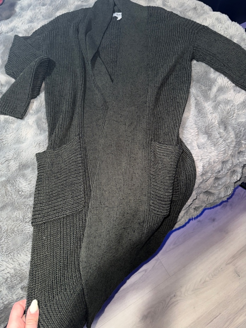 Women's Open-Front Long Cardigan Sweater - Dark Olive- - Picture 5 of 6